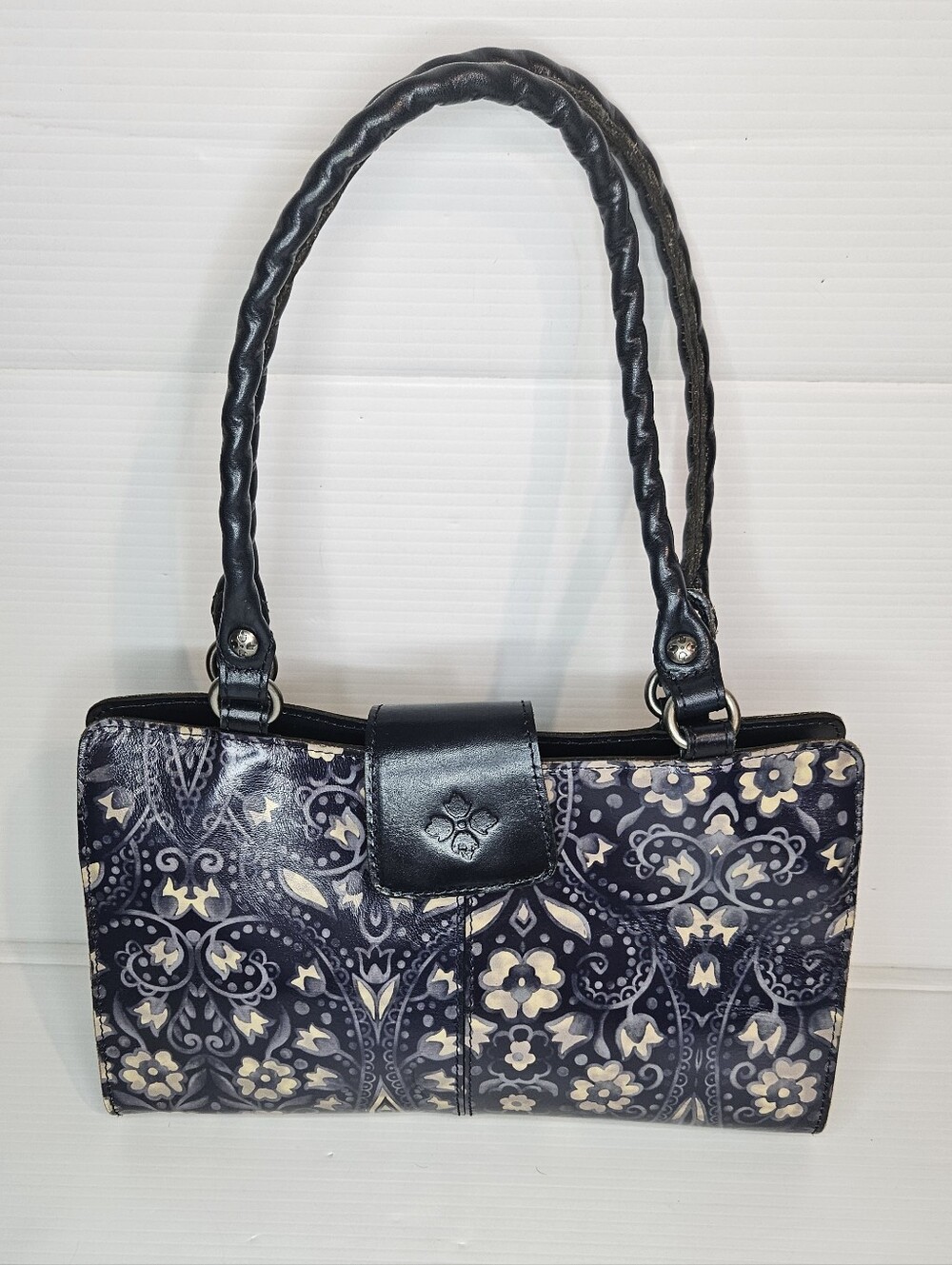 Patricia Nash Rienzo Blue Italian Folklore Leather Floral Satchel Handbag